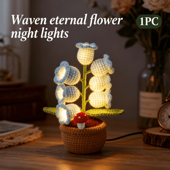 Lily of The Valley Lamp, Crocheted Lily Bouquet in Illuminated Pot, Warm LED Night Light, Wireless Decorative Accent for Home, Perfect Mother's Day, Valentine's, Birthday Present
