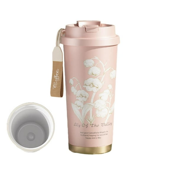 Lily of the Valley Mug, Travel Coffee Mug with Lid, 500ml Stainless Steel or Ceramic Liner, Floral Leakproof Coffee Tumbler Cups, Travel Cup with Built-In Infuser, Insulated Tumbler for Women