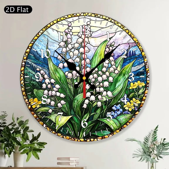 Lily of the Valley Round Wall Clock, MDF Wood Home Decor, Elegant Birth Flower Decorative Silent Clock, Living Room Bedroom Kitchen Office Wall Decoration, Family Housewarming Gift