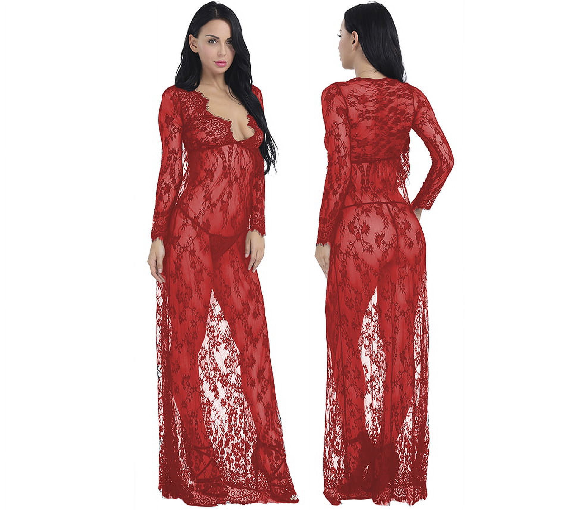 Sexy V Neck Sheer Lace Nightgown with G-String