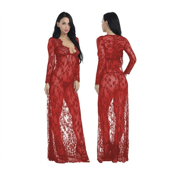 Lily Women's Lingerie Sexy Sheer V-Neck Lace Nightgown Nightdress G-String Babydoll Sleepwear Nightwear 2 Piece Set