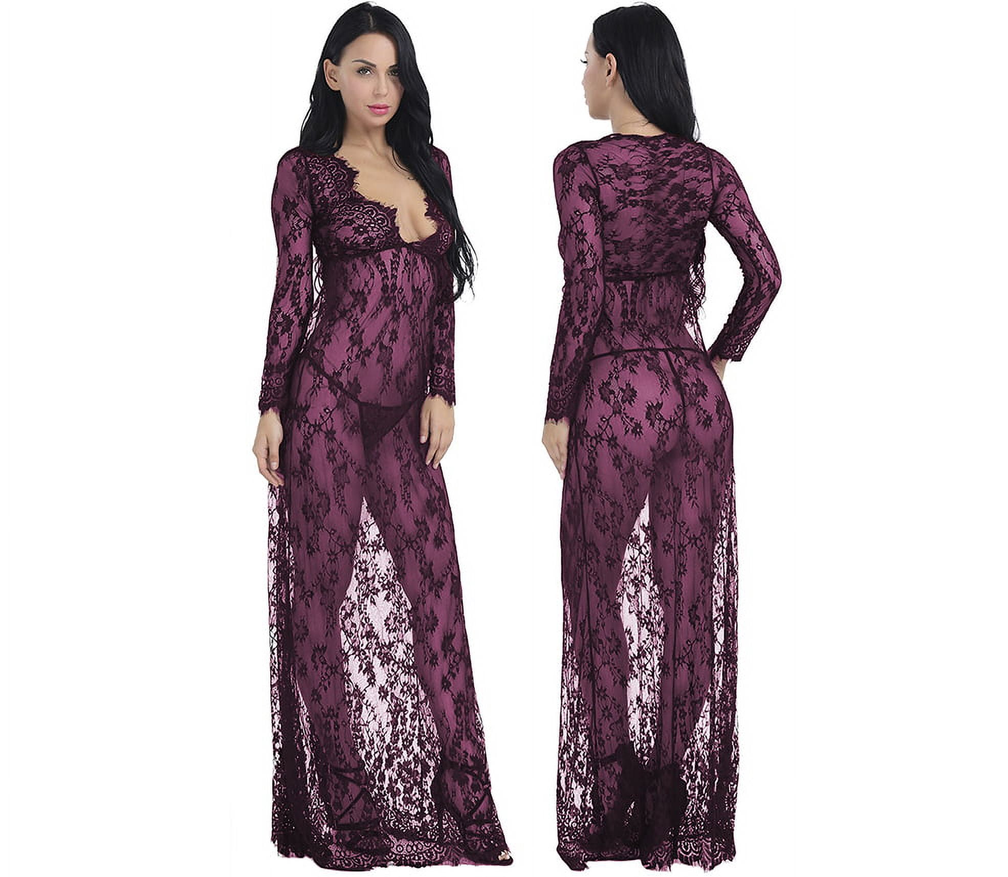Lily Women's Lingerie Sexy Sheer V-Neck Lace Nightgown Nightdress G-String Babydoll Sleepwear Nightwear 2 Piece Set