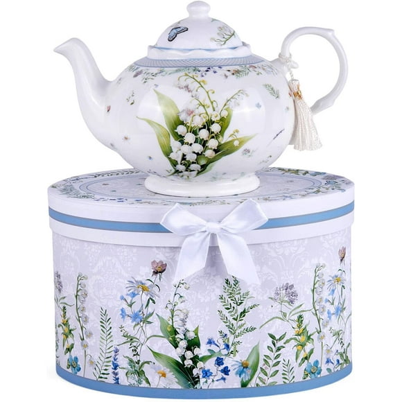 Lily of the Valley Bone China Teapot in Gift Box 36.5 fl oz (1080 ml) Teapot for Loose Tea, Decorative Gift Box, Dishwasher safe