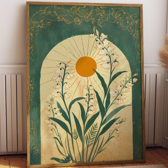 Lily of the Valley Emerald Green Sun Poster Mystical Folk Illustration Taurus Sign Flowery Spiritual Botanical Boho