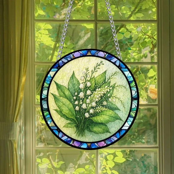 Lily of the Valley Glass Suncatcher v11, May Birth Month Floral Art, for Mom, 6.3 in