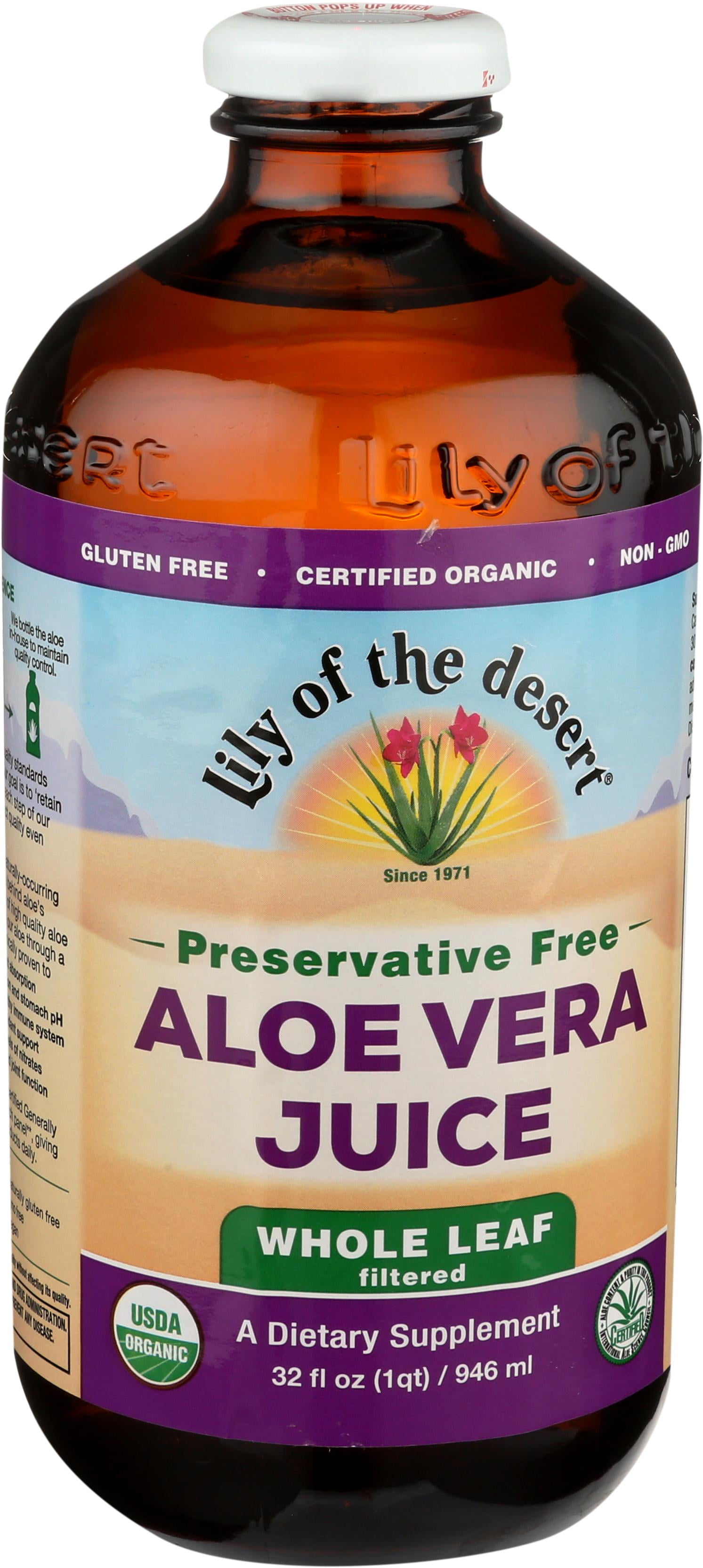 Lily of the desert brand preservative free USDA certified organic whole leaf aloe vera juice dietary supplement