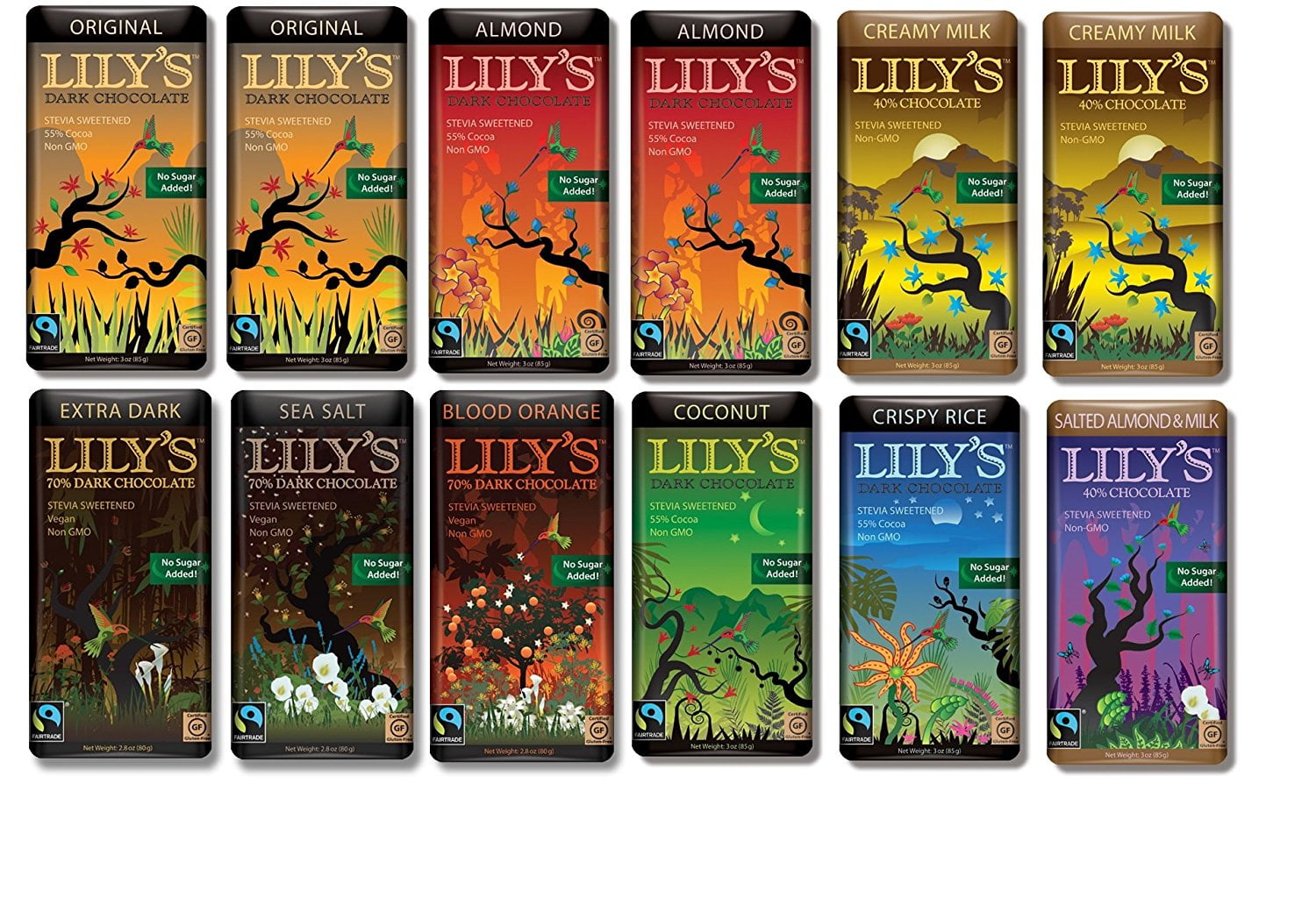 Lily's Chocolate Variety 12 Pack (2 of Each. Original, Almond, Creamy Milk)(1 of Each. Coconut, Crispy Rice, Salted Almond & Milk, Extra Dark Chocolate, Blood Orange, Sea Salt)