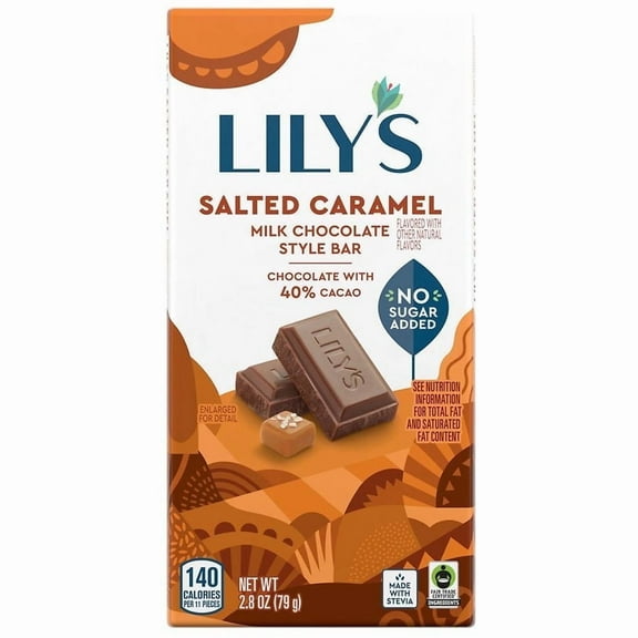 Lily's No Sugar Added, Sweets, Bar Salted Caramel Flavored Milk Chocolate Style 2.8 oz Pack of 2