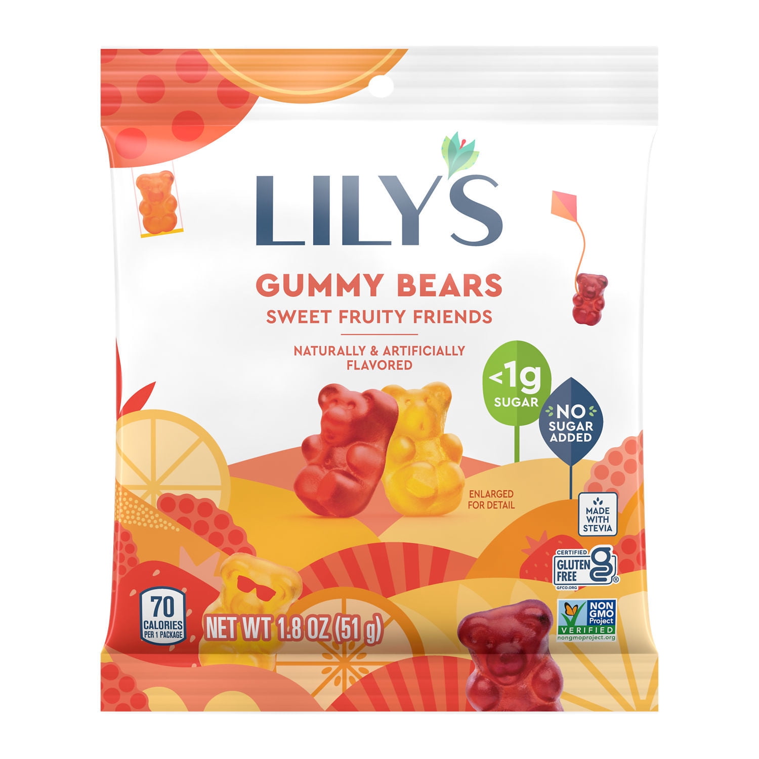 Lily's Sweet Fruity Friends No Sugar Added Gummy Bears Sweets, Bag 1.8