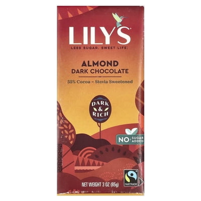 Almond Dark Chocolate Bar by Lily's Made with Stevia, No Added Sugar, Low-Carb, Keto Friendly 55% Cocoa Fair Trade, Gluten-Free & Non-GMO Ingredients 3 ounce, 4-Pack Almond 3 Ounce (Pack of 4)