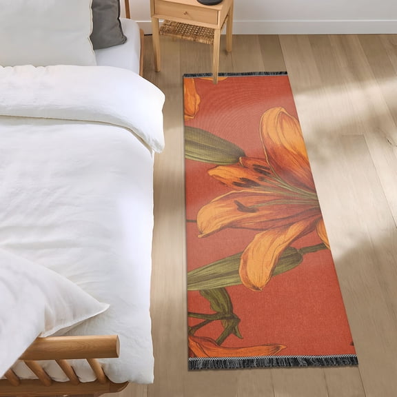 Lily-shaped Flowers Orange Bedside Runner Rug 2'x 6' Non Slip Carpet Floor Mat Area Rug