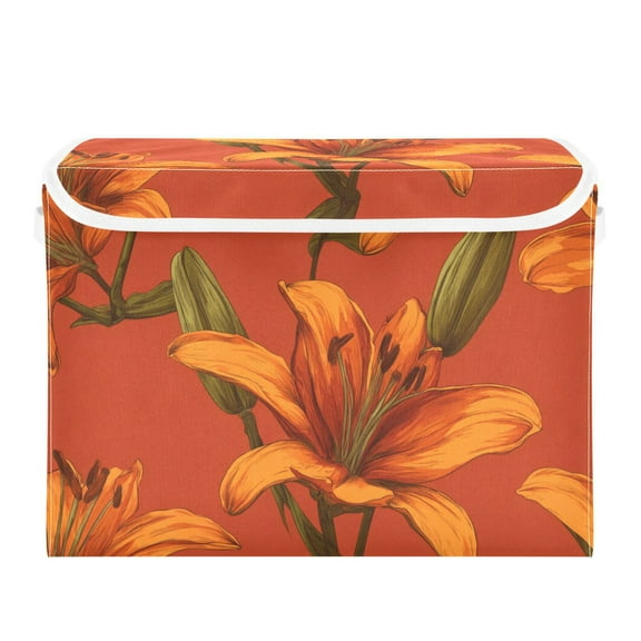 Lily-shaped Flowers Orange Foldable Storage Bin with Lid and Handle Collapsible Storage Box 16.5 x 12.6 x 11.8 inches