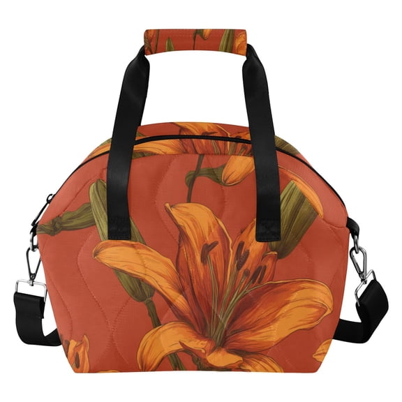 Lily-shaped Flowers Orange Insulated Lunch Bag Reusable Quilted Lunch Box Waterproof Leakproof Lunch Container
