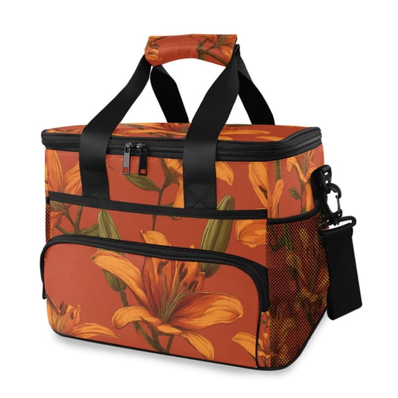 Lily-shaped Flowers Orange Portable Cooler Lunch Box Reusable Insulated Lunch Bag Leakproof 15L