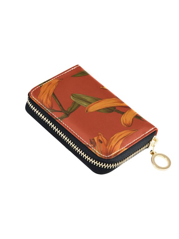 Lily-shaped Flowers Orange Women's Credit Card Holder PU Leather Zipper Wallet RFID Blocking