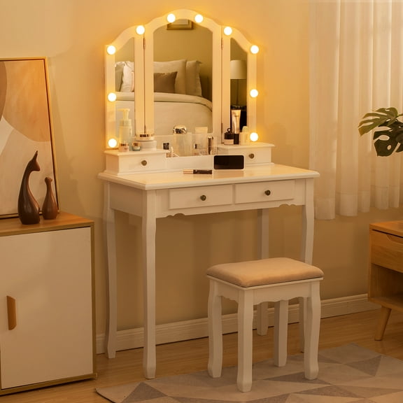 LilyFantasy Makeup Vanity with Lights, Vanity Desk with Cushioned Stool, Tri-fold Vanity Table Set with 4 Drawers, 3 Adjustable Light Modes, 2 Brush Slots, 2 Open Compartments for Girls, Women, White