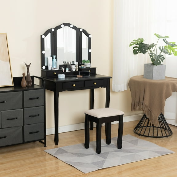 LilyFantasy Vanity Set with Mirror and Lights, Makeup Vanity for Women and Girls, Modern Make up Table and chair for Bedroom, 10 LED Light Bulbs & 3 Color Lighting Modes, Black