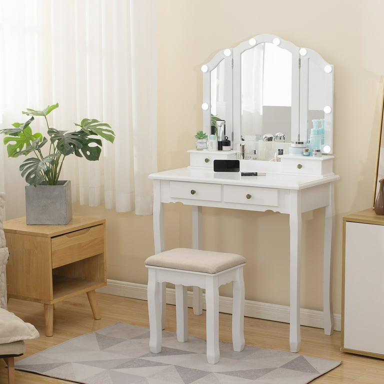 Vanity with mirror lights and chair sales