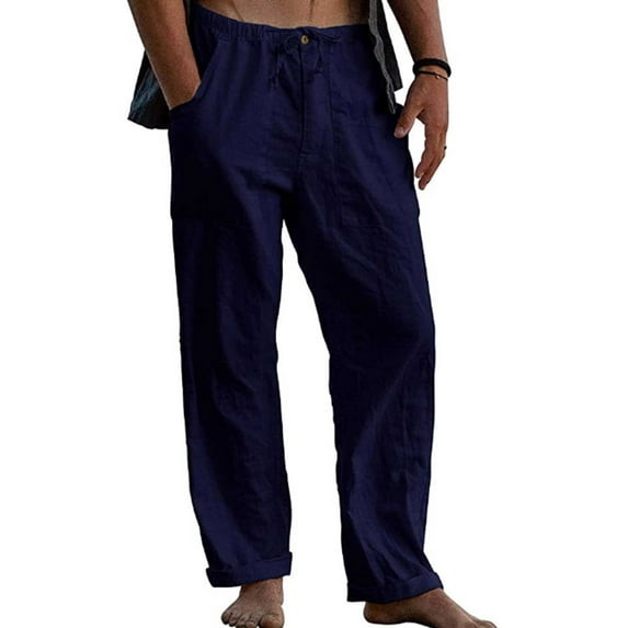 LilyLLL Mens Cotton Linen Breathable Straight Leg Trousers Summer Causal Pants
