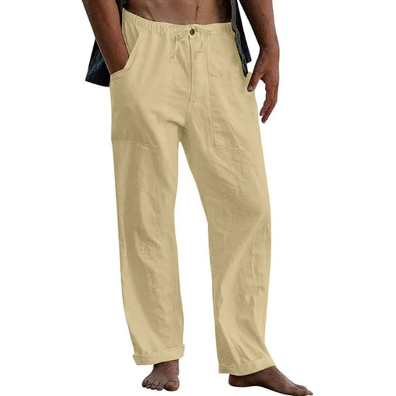 LilyLLL Mens Cotton Linen Breathable Straight Leg Trousers Summer Causal Pants