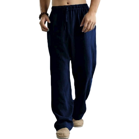 LilyLLL Mens Cotton Linen Straight Leg Lounge Trousers Loose Casual Pants