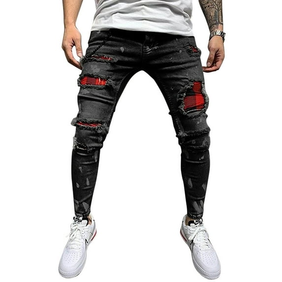 LilyLLL Mens Distressed Ripped Plaid Patchwork Streetwear Stretch Denim Jeans