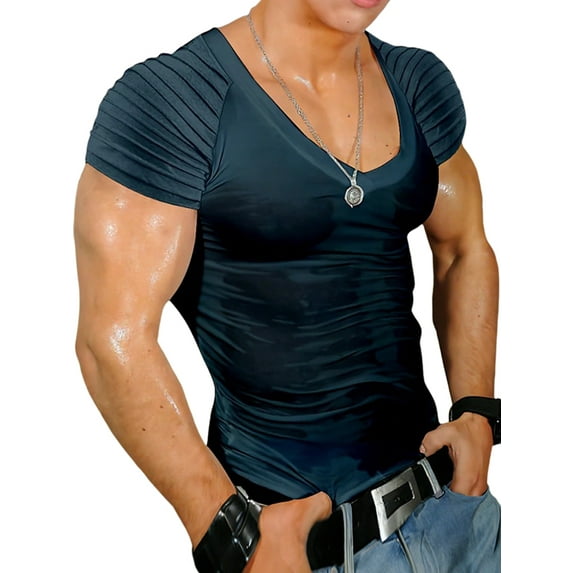 LilyLLL Mens Short Sleeve V Neck Muscle T Shirt Solid Color Pleated Tee Tops