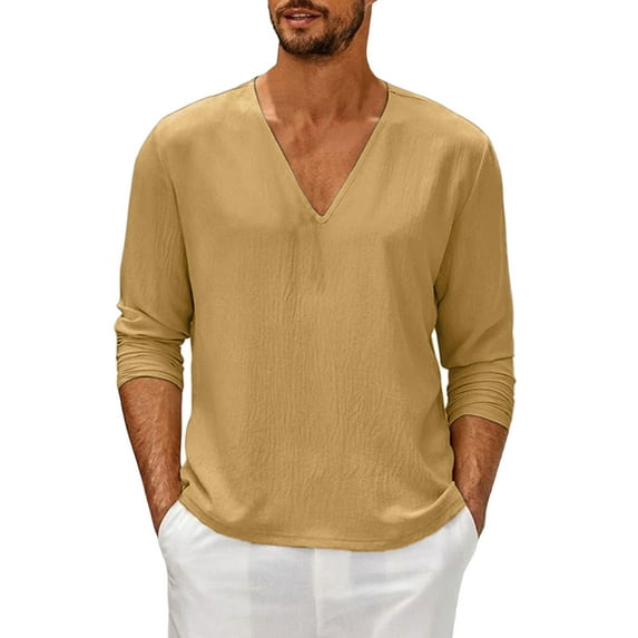 LilyLLL Mens Solid Color Long Sleeve V Neck T-shirt Loose Pullover Tee Tops