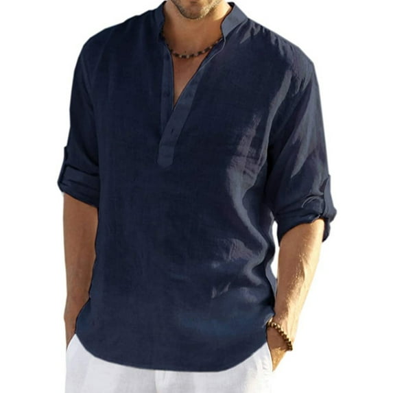 LilyLLL Mens and Big Mens Cotton Linen Roll Tab Long Sleeve Buttons T Shirt Tops