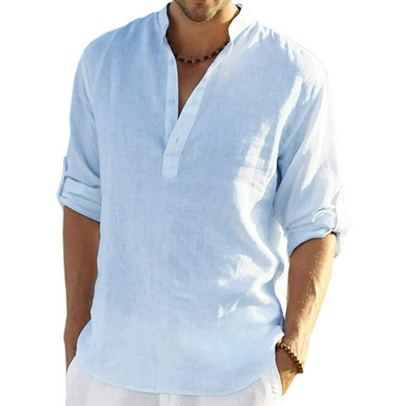 LilyLLL Mens and Big Mens Cotton Linen Roll Tab Long Sleeve Buttons T Shirt Tops