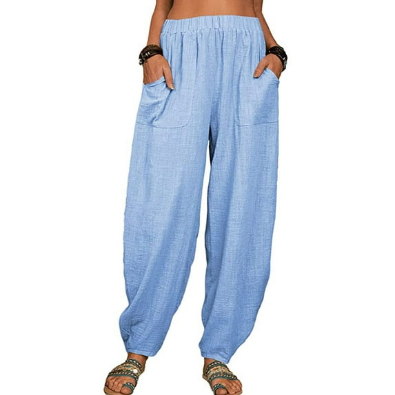 LilyLLL Plus Size M-5XL Womens Cotton Linen High Waist Pockets Baggy Harem Pants
