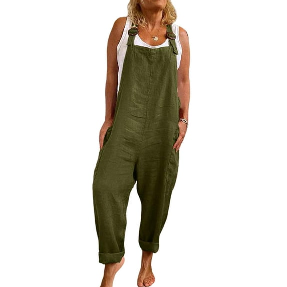 LilyLLL Plus Size M-5XL Womens Cotton Linen Suspender Jumpsuit Pants Baggy Dungarees Bib Overall