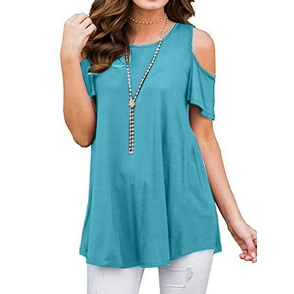 LilyLLL Plus Size S-5XL Womens Casual Short Sleeve Cold Shoulder Solid Color Blouse T Shirt Tops