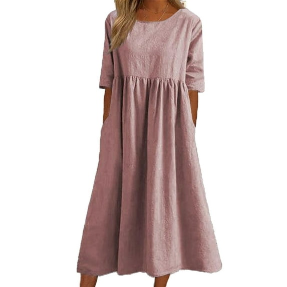 LilyLLL Plus Size S-5XL Womens Cotton Linen Short Sleeve Crew Neck Loose Midi Dress