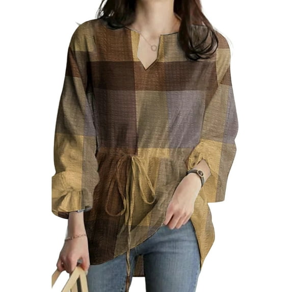 LilyLLL Plus Size S-5XL Womens Plaid Check Print Long Sleeve Drawstring Xmas Blouse Tops