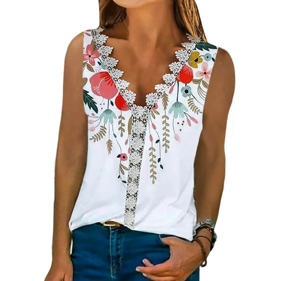LilyLLL Plus Size S-5XL Womens Sleeveless V Neck Floral Lace Summer Blouse Tank Tops