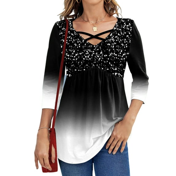 LilyLLL Plus Size Womens 3/4 Sleeve V Neck T-shirt Criss Cross Printed Blouse Tops