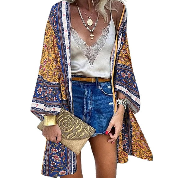 LilyLLL Plus Size Womens Boho Floral Cover Up Blouse Kimono Open Front Cardigan Tops