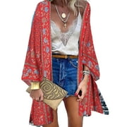 LilyLLL Plus Size Womens Boho Floral Cover Up Blouse Kimono Open Front Cardigan Tops