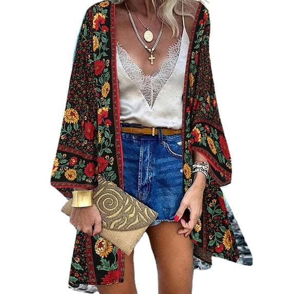 LilyLLL Plus Size Womens Boho Floral Cover Up Blouse Kimono Open Front Cardigan Tops