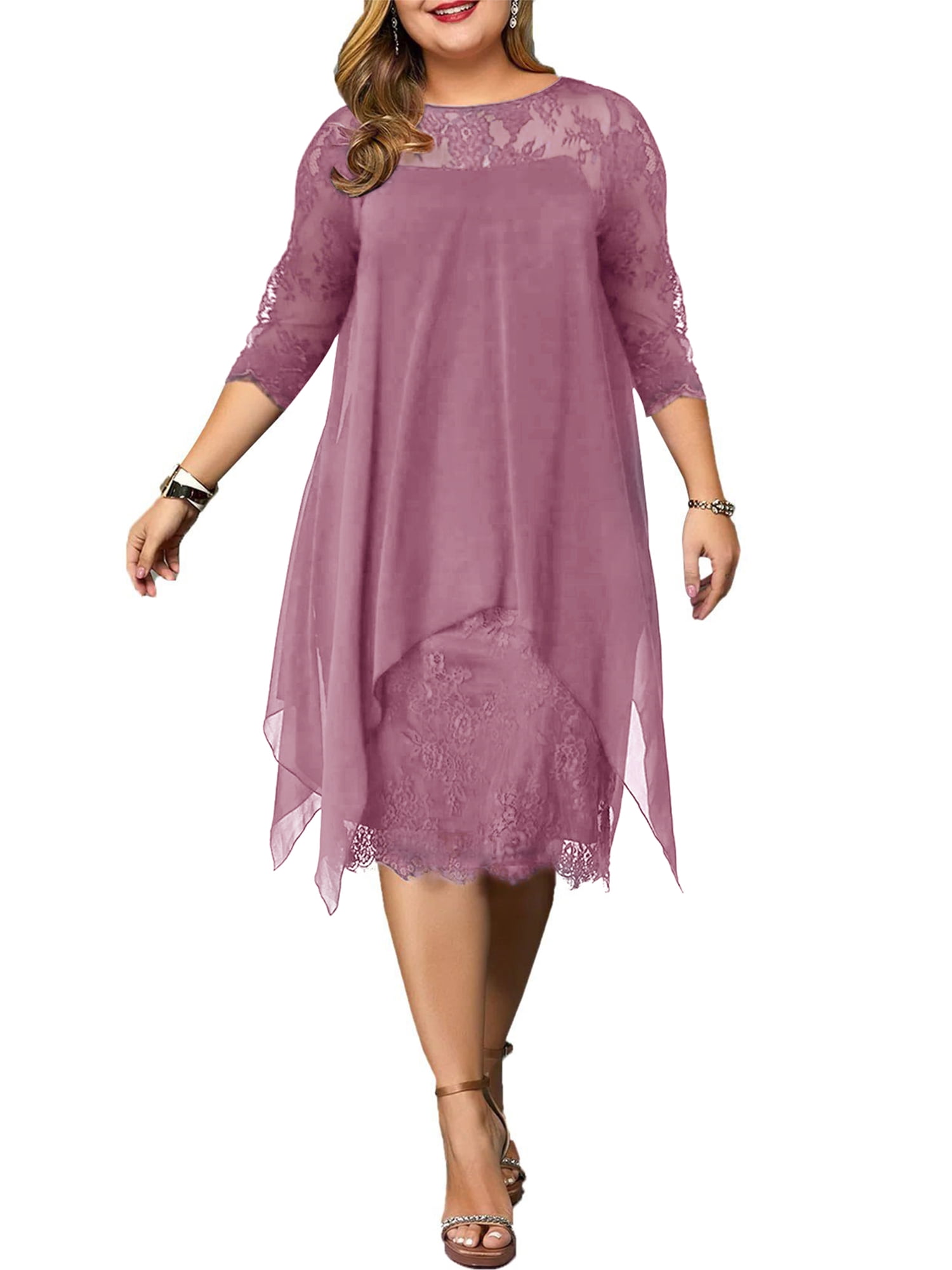 LilyLLL Plus Size Womens Casual Work 3/4 Sleeve Chiffon Lace Midi Dress