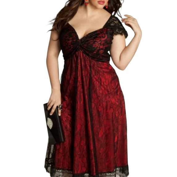 LilyLLL Plus Size Womens Evening Cocktail Party Short Sleeve Lace Midi Dress