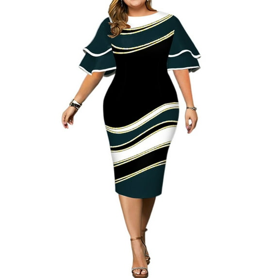 LilyLLL Plus Size Womens Evening Party Ball Gown Striped Short Sleeve Midi Dress