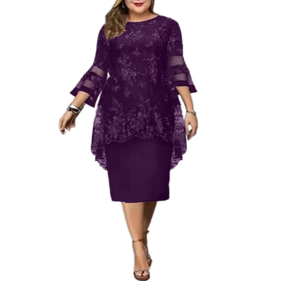 LilyLLL Plus Size Womens Floral Lace 3/4 Sleeve Evening Party Casual Midi Dress