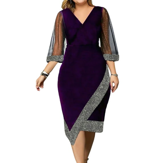 LilyLLL Plus Size Womens Irregular Mesh Sheer Short Sleeve Velvet Party Midi Dress