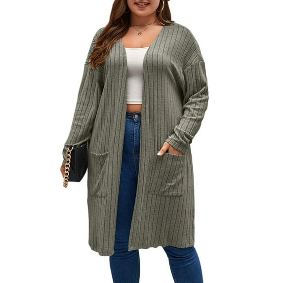 LilyLLL Plus Size Womens Knitted Long Sleeve Open Front Pockets Cardigan Jacket Tops