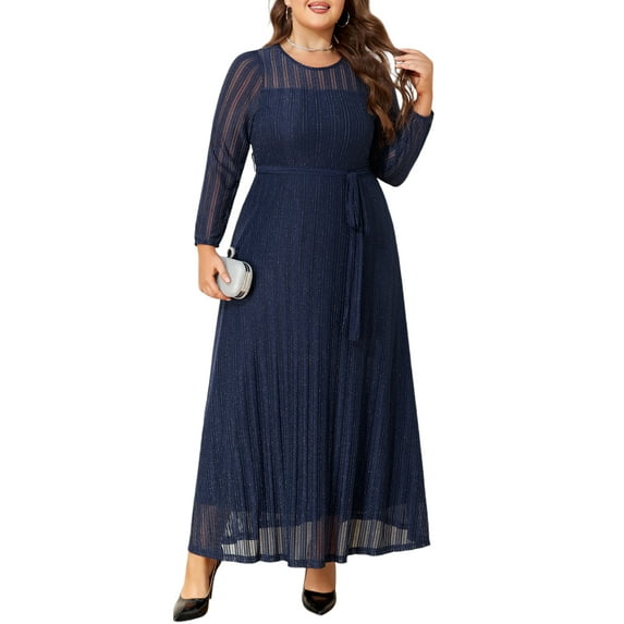 LilyLLL Plus Size Womens Long Sleeve Christmas Evening Party Belted Formal Dress