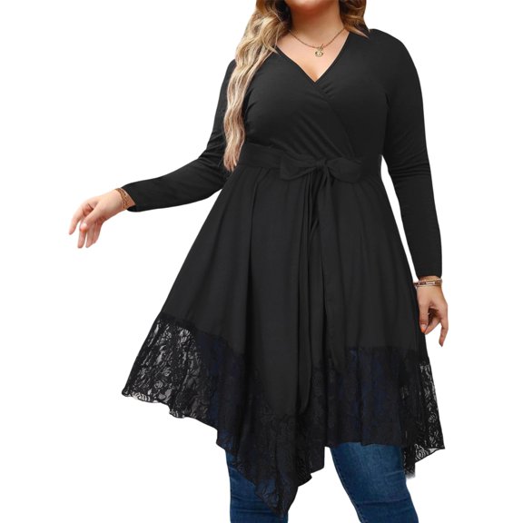 LilyLLL Plus Size Womens Long Sleeve V Neck Lace Tunic Tops Belted Dress