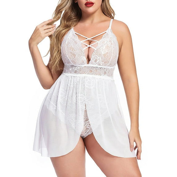 LilyLLL Plus Size Womens Plus Size Lace Bustier Flowy Nightdress Bodysuit Underwear Sleepwear