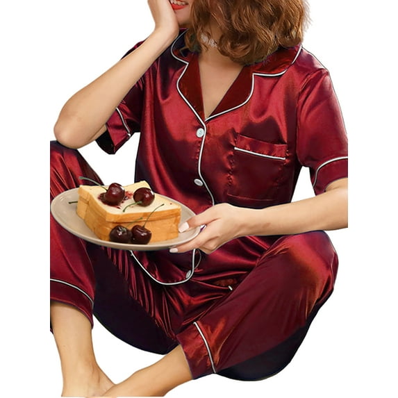 LilyLLL Plus Size Womens Satin Silk Pajamas Set Short Sleeve Sleepwear Pants Nightwear Pjs
